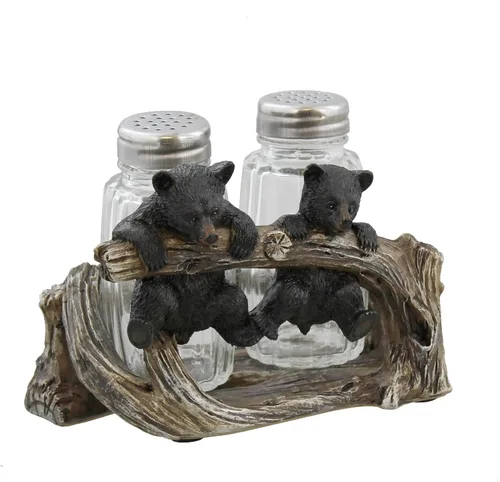 De Leon Collections - Juego de 2 bonitos cachorros de oso negro del bosque jugando en una rama de poliresina, juego de salero y pimentero