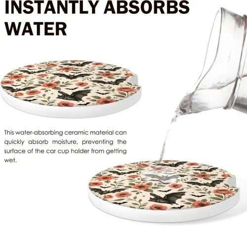 Vista 4 de Bats Car Coasters for Cup Holders Set of 2 Floral Absorbent Ceramic Cup Coaster 2.63" Non-Slip Cork Base Drink Coasters with Finger Notch Car