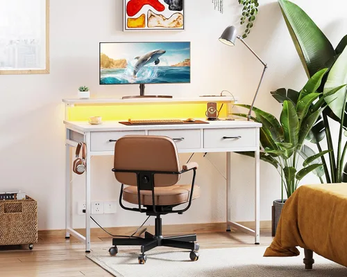 Vista 20 de ODK Escritorio pequeño para computadora de 40 pulgadas con 3 cajones y tomas de corriente USB, escritorios de oficina en casa con luces LED