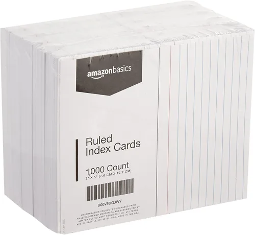 Amazon Basics Tarjetas de índice rayadas, 1000 unidades, 10 paquetes de 100, blancas, 3 x 5 pulgadas