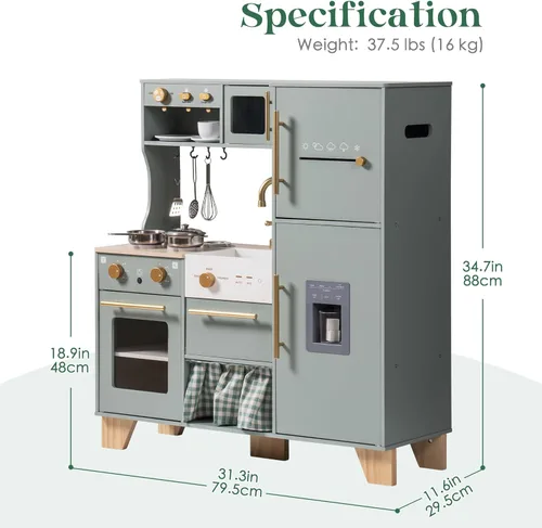 Vista 9 de ROBUD Juego de Cocina de Juguete, Cocina de Madera con Máquina de Hielo, Refrigerador, Cafetera, Horno, Lavavajillas, Microondas, Accesorios