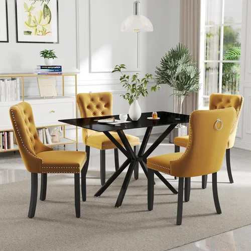 Vista 14 de Juego de comedor moderno de cristal de lujo de 5 piezas, juego de comedor rectangular minimalista para 4, juego de mesa de cocina de vidrio