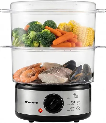 OVENTE Vaporizador eléctrico de alimentos de 2 niveles, olla de vapor apilable de acero inoxidable de 5 cuartos de galón con potencia de 400 W,