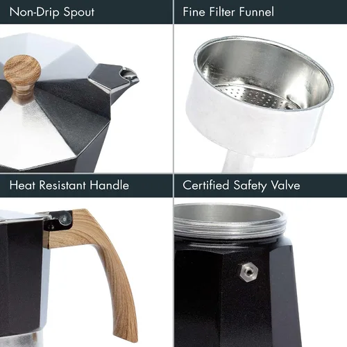 Vista 11 de Primula Cafetera espresso de aluminio para estufa, cafetera percoladora para moka, café cubano, capuchino, café con leche y más, perfecta para Negro