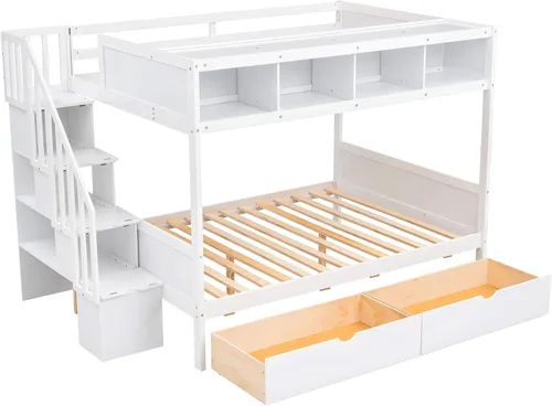 Vista 42 de Elegante litera individual sobre matrimonial con escaleras y barandillas de seguridad, la cama de plumón se puede convertir en sofá cama