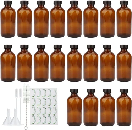Maredash Botellas de vidrio ámbar de 8 onzas, paquete de 20 botellas de almacenamiento de vidrio con tapas negras (marrón, 20 etiquetas, con