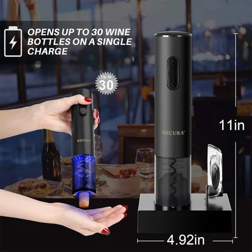 Vista 4 de Secura Abridor de vino eléctrico, sacacorchos eléctrico automático de botellas de vino con cortador de papel de aluminio, recargable (negro)