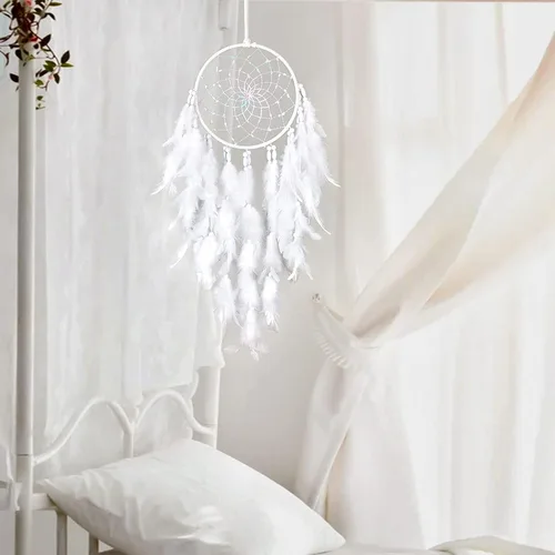 Vista 4 de Dremisland Atrapasueños de plumas blancas para colgar en la pared, elegante decoración de pared para ventanas, balcón, dormitorio, boda, fiesta, Sin