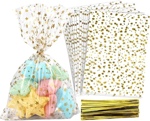 Vista 53 de COQOFA 100 piezas de bolsas de regalo con sello autoadhesivo impresas con estrellas, bolsas de celofán para envolver regalos, bolsas para sorpresas