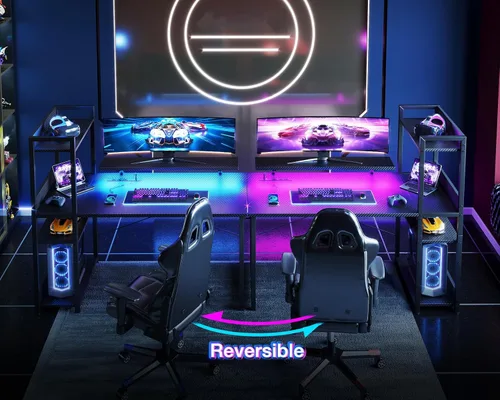 Vista 18 de ODK Escritorio reversible para juegos con tomas de corriente y luces LED, escritorio para computadora de 48 pulgadas con estantes de almacenamiento