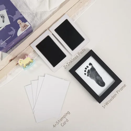 Vista 6 de Kit de huellas de bebé de 2 parques con 1 marco de madera, kit de huellas y manos sin tinta, sin ensuciar, almohadillas de tinta de tacto limpio