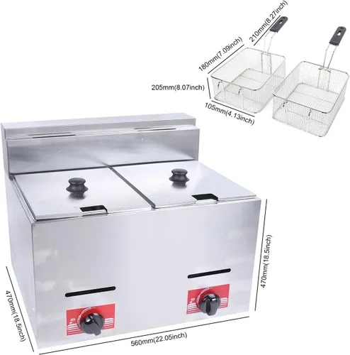 Vista 3 de Freidora comercial de gas LPG con cesta y tapa de 6.35 cuartos de galón x 2, encimera de acero inoxidable LPG Propano, olla para freír cocina