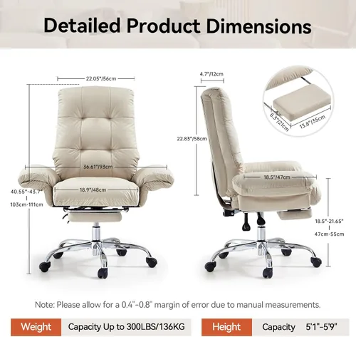 Vista 3 de Silla de oficina EMIAH con reposapiés, silla de cruce con ruedas y brazos abatibles, silla de escritorio reclinable, silla de computadora de cuero