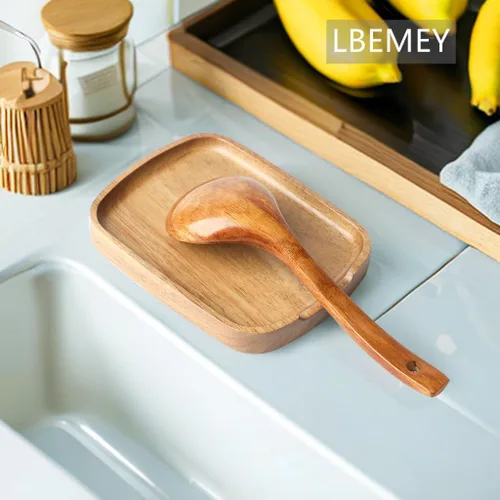 Vista 8 de Soporte de cuchara de madera de acacia de 5.9 pulgadas para estufa, soporte rectangular liso para cuchara de madera para encimera de cocina con pies