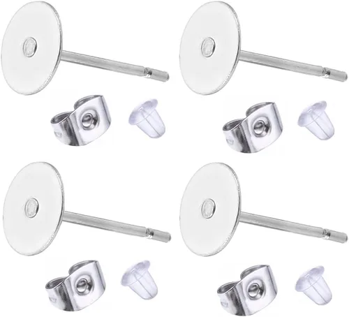 Vista 6 de 100 piezas de aretes de acero inoxidable para aretes, almohadillas planas, 100 piezas de aretes de mariposa, 100 unidades de aretes de bala, total