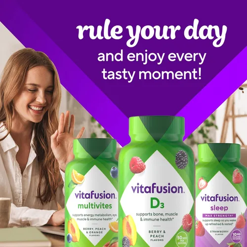 Vista 9 de Vitafusion Gomitas de Vitamina D3, Apoyo Óseo e Inmune, Sabor Melocotón, Zarzamora y Fresa, Suplemento de Vitamina D3 en Gomitas de 50 mcg