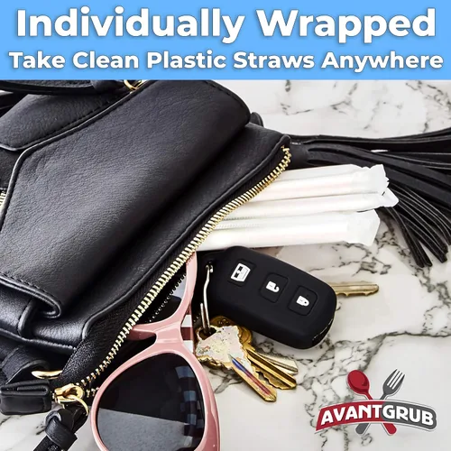 Vista 3 de Pajitas de plástico sanitarias retro extra resistentes, 300 unidades, sin BPA, envueltas individualmente, a rayas rojas y blancas, desechables