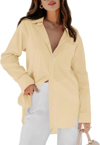 Vista 16 de siliteelon Camisas de vestir con botones para mujer, blusas de manga larga, cuello en V, lisas, casuales, con bolsillos