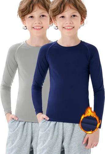 MRIGNT 2 Pack Youth Boys Thermal Compression Shirts Long Sleeve Fleece Baselayer Soccer Baseball Running Base Layer