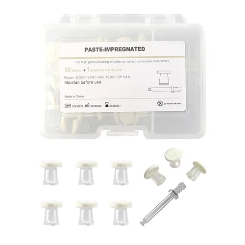 Disco impregnado de pasta de pulido dental, pulidora dental Rueda de pulido Disco de acabado de fieltro con mandril para herramienta de odontología