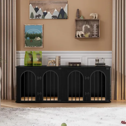 Vista 3 de Hzuaneri 63" Mueble de jaula para perros para 2 perros, jaula de perro interior resistente con soporte para TV, jaula de madera para perros L