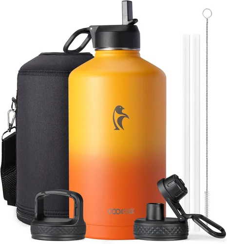 Vista 72 de Coolflask - Botella de agua de 64 onzas aislada, con popote y 3 tapas, de acero inoxidable con boca ancha, libre de BPA, mantiene las bebidas frías