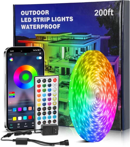 Tira de luces LED para dormitorio, luces LED de 200 pies, con control remoto y aplicación RGB que cambia de color, sincronización de música, 24 V