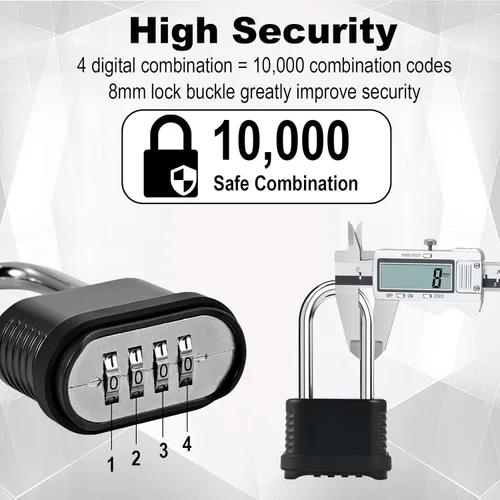 Vista 7 de Cerradura de combinación de 4 dígitos resistente a la intemperie, grillete de 4.134 in de largo, resistente a la intemperie, cerradura combinada