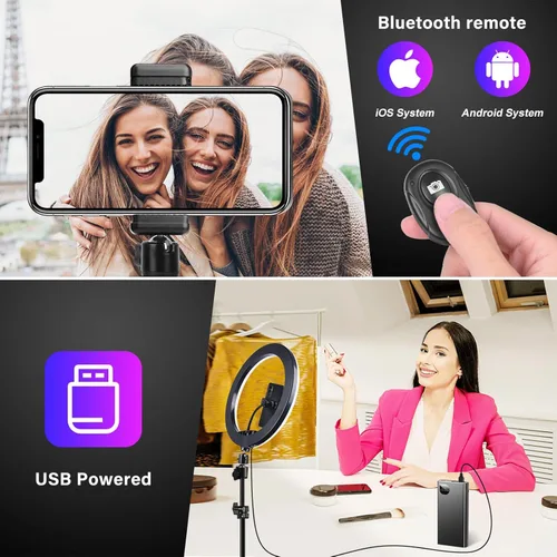 Vista 4 de Anillo de luz de 10.3 pulgadas con trípode y soporte para iPad para teléfono, anillo de luz para selfie con 51 modos de color, iluminación circular