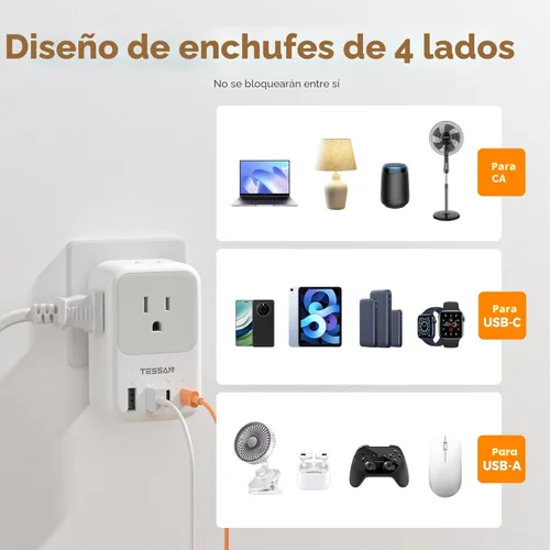 Vista 6 de Bloque de cargador USB C de 20 W, adaptador de carga rápida TESSAN PD con enchufe plegable, extensor de toma de corriente de 1875 W (4 CA y 4 USB)