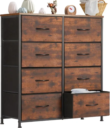 Vista 16 de DUMOS Cómoda de 8 cajones para dormitorio, organizador de almacenamiento de tela con marco de metal resistente, cómoda superior de madera para Negro