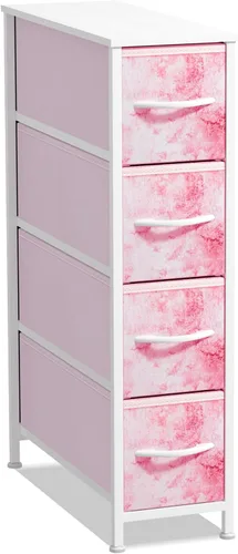 Vista 22 de Sorbus Cómoda estrecha con 4 cajones - cómoda de almacenamiento vertical delgada con marco de acero, parte superior de madera y contenedores de tela