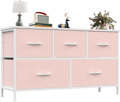 Vista 151 de OLIXIS Cómoda de 5 cajones para dormitorio, torre de almacenamiento de tela para sala de estar, entrada, marco de acero resistente, parte superior