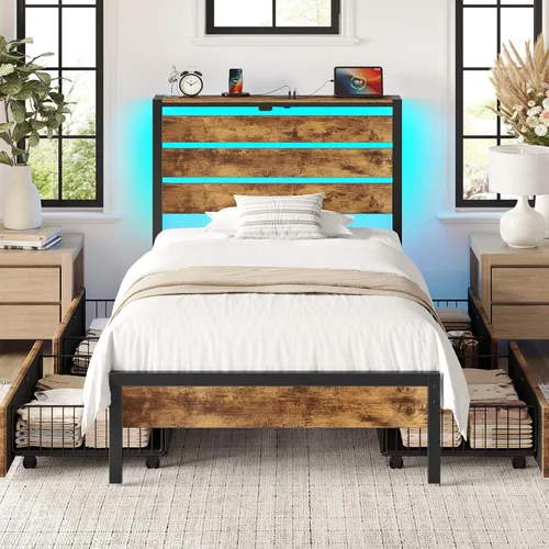 Vista 30 de Rolanstar Base de cama individual con 4 cajones, luces LED y estación de carga, plataforma de metal con cabecera de almacenamiento, sin ruido, fácil