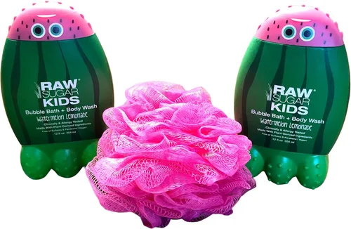 RAW SUGAR Kids Bubble Bath and Body Wash Bundle: 2 limonada de sandía (12 onzas cada una) + esponja rosa