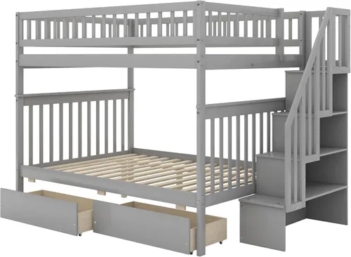 Vista 119 de Harper & Bright Designs Litera de tamaño matrimonial sobre matrimonial con 3 cajones, litera de madera maciza con almacenamiento y riel
