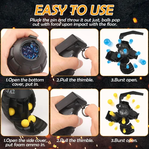 Vista 4 de Granada de mano de juguete para juego de batalla CS, con 9 municiones de espuma negra, divertidas, tácticas, granadas CS de impacto para Halloween