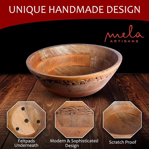 Mela Artisans Frutero de madera | Acabado medio quemado | Tazón grande de madera de mango de 12 pulgadas | Multiuso para encimera de cocina |