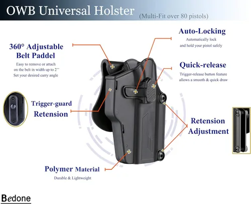 Vista 2 de Funda universal para pistola, funda de transporte con cinturón abierto para más de 80 pistolas, funda táctica OWB para Glock/Sig