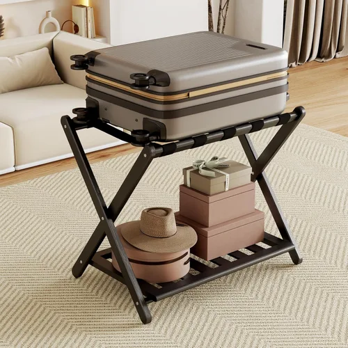 oakvivo Portaequipajes negro totalmente montado para habitación de invitados, soporte plegable de bambú para maleta con 5 correas de nailon, soporte
