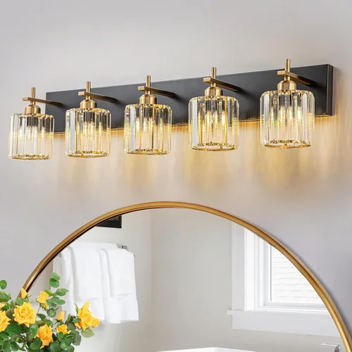 Vista 23 de Modernas luces de cristal para tocador de baño, 3 luces doradas, lámparas de baño sobre espejo, iluminación de pared de cristal con acabado de latón