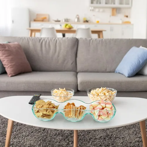 Vista 5 de MDLUU Cuenco de vidrio grueso con triple inmersión, plato grande dividido para servir, servidor de aperitivos de 3 compartimentos