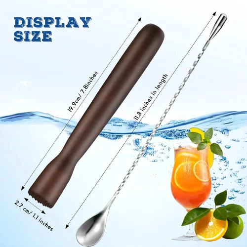 Vista 2 de Patelai Coctelera de madera para bebidas Muddler Bar Muddler y cuchara de barra de 12 pulgadas de acero inoxidable, cuchara mezcladora en espiral