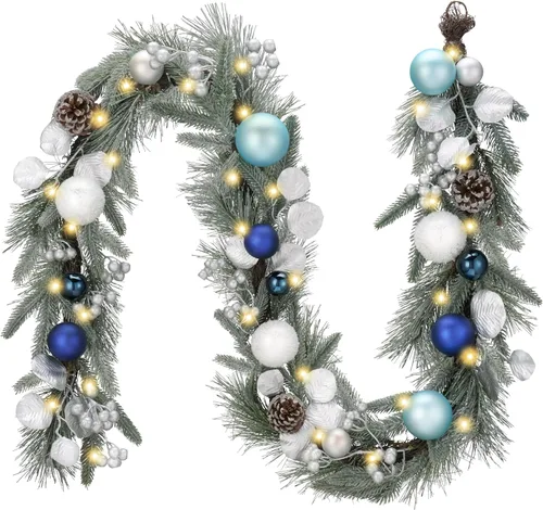 Vista 10 de Valery Madelyn - Guirnalda de Navidad de 1,8 m, preiluminada, con luces, para manto, guirnalda navideña iluminada para exteriores, con bolas