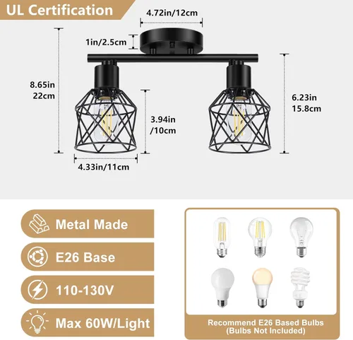 Vista 7 de Baocuz Luminarias de Cocina de 2 Luces para Montaje en Techo, Luz de Techo Semiempotrada Ajustable con Jaula de Alambre Metálico, Luminarias