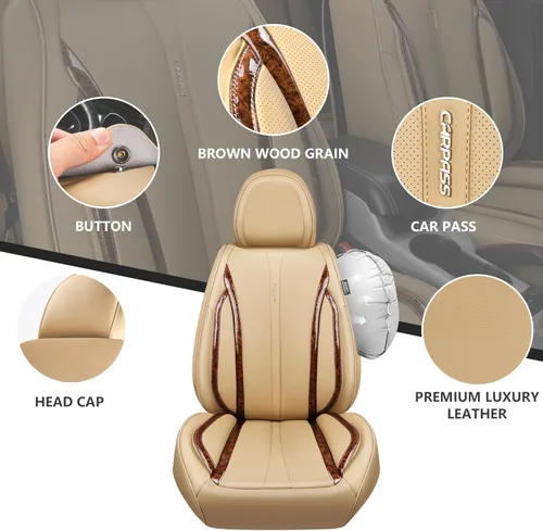 Vista 6 de CAR PASS Fundas de cuero beige para asiento de automóvil, juego completo de fundas de asiento automotriz transpirables e impermeables, cojín