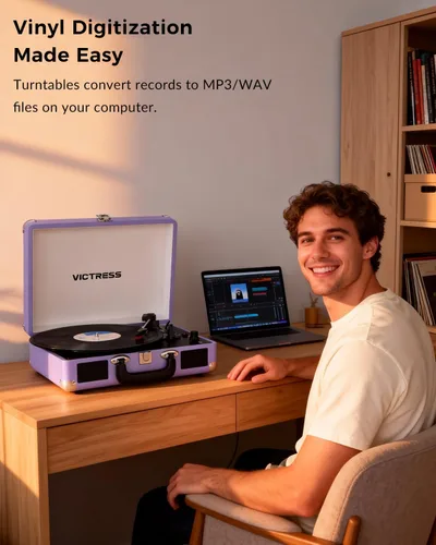 Vista 6 de Tocadiscos de maleta portátil Bluetooth con altavoces estéreo, tocadiscos de 3 velocidades, grabación USB a digital, conector RCA/AUX