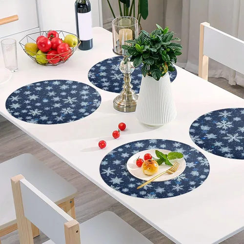 Vista 6 de White Blue Snowflakes Blue Dinner Table Placemats, Heat Resistant Non Slip Circle Washable Placemats for Kitchen one sizex1