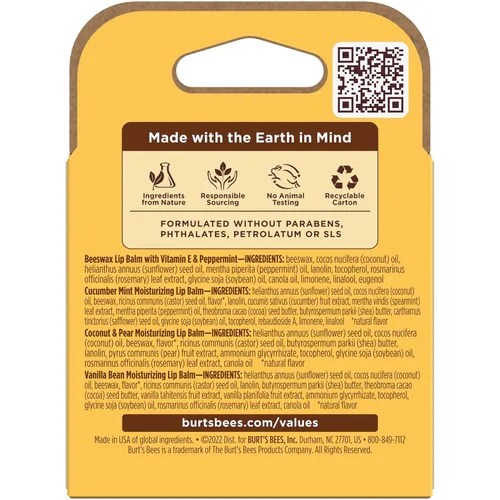 Vista 8 de Burt's Bees Bálsamo Labial - Cera de Abejas, Menta de Pepino, Coco y Pera, y Vainilla, Paquete Con Cera de Abejas de Origen Responsable, Sin Tinte