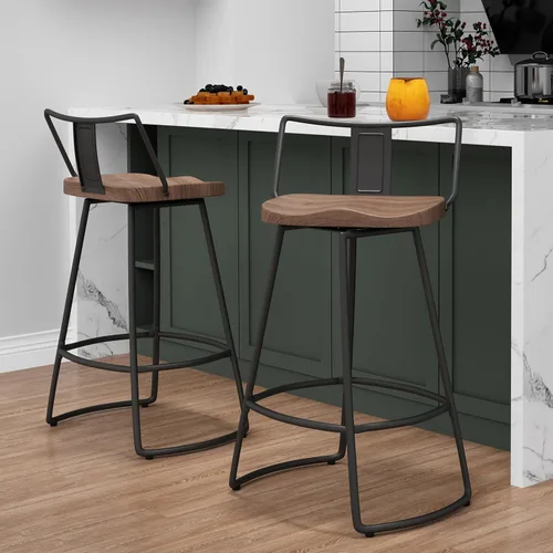 Yongqiang Taburetes de bar giratorios de 24 pulgadas con respaldo, juego de 2 sillas de bar de metal con asiento de madera, taburetes de bar